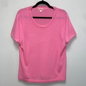 J. Crew Pink Short-Sleeve Cashmere Ribbed Trim Quiet Luxury Crewneck Sweater